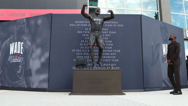 MIAMI, FL - OCTOBER 27: Dwyane Wade looks on during Dwyane Wade's statue unveiling on October 27, 2024 at Kaseya Center in Miami, Florida. Mandatory Copyright Notice: Copyright 2024 NBAE
