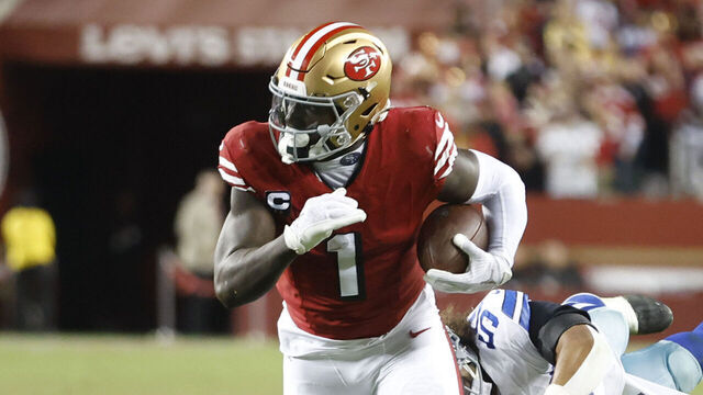 SANTA CLARA, CALIFORNIA - OCTOBER 27: Deebo Samuel Sr. #1 of the San Francisco 49ers runs with the ball during the third quarter against the Dallas Cowboys at Levi's Stadium on October 27, 2024 in Santa Clara, California.