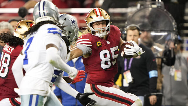 SANTA CLARA, CALIFORNIA - OCTOBER 27: George Kittle #85 of the San Francisco 49ers runs after a catch during the third quarter against the Dallas Cowboys at Levi's Stadium on October 27, 2024 in Santa Clara, California.