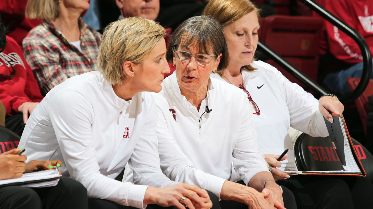STANFORD, CA - JANUARY 21: Stanford Cardinal head coach Tara VanDerveer talks with Stanford Cardinal associate head coach Kate Paye during a game between Oregon State University and Stanford University at Maples Pavilion on January 21, 2024 in Stanford, California.