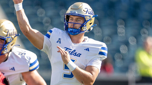 PHILADELPHIA, PA - OCTOBER 19: Tulsa Golden Hurricane quarterback Cooper Legas (5) throws the ball during the game between the Tulsa Golden Hurricane and the Temple Owls on October 19th, 2024 at Lincoln Financial Field in Philadelphia, PA.