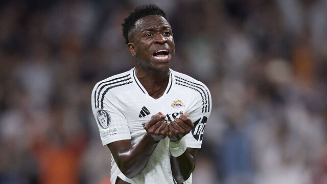 Madrid, Spain - October 22: Vinicius Jr of Real Madrid CF celebrates after scoring his team's second goal during the UEFA Champions League 2024/25 League Phase MD3 match between Real Madrid C.F. and Borussia Dortmund at Estadio Santiago Bernabéu on October 22, 2024 in Madrid, Spain.
