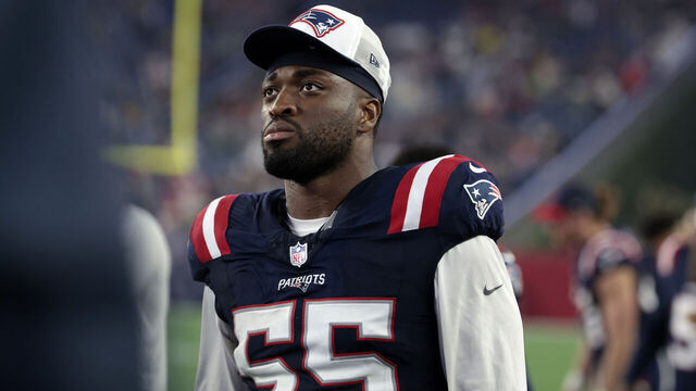 FOXBOROUGH, MA - AUGUST 15: New England Patriots linebacker Josh Uche (55) during a preseason game between the New England Patriots and the Philadelphia Eagles on August 15, 2024, at Gillette Stadium in Foxborough, Massachusetts.