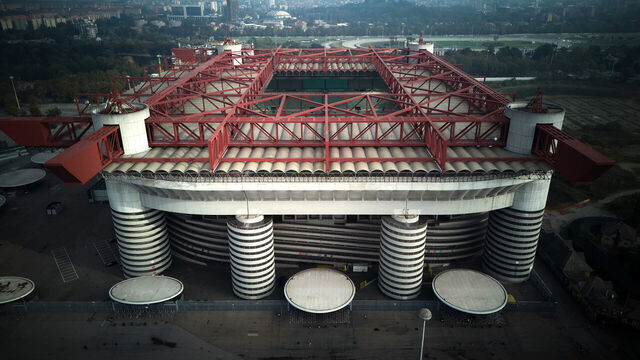 MILAN, ITALY - OCTOBER 22: (EDITORS NOTE: Image has been taken using a Drone) General view outside the stadium prior to the UEFA Champions League 2024/25 League Phase MD3 match between AC Milan and Club Brugge KV at Stadio San Siro on October 22, 2024 in Milan, Italy.