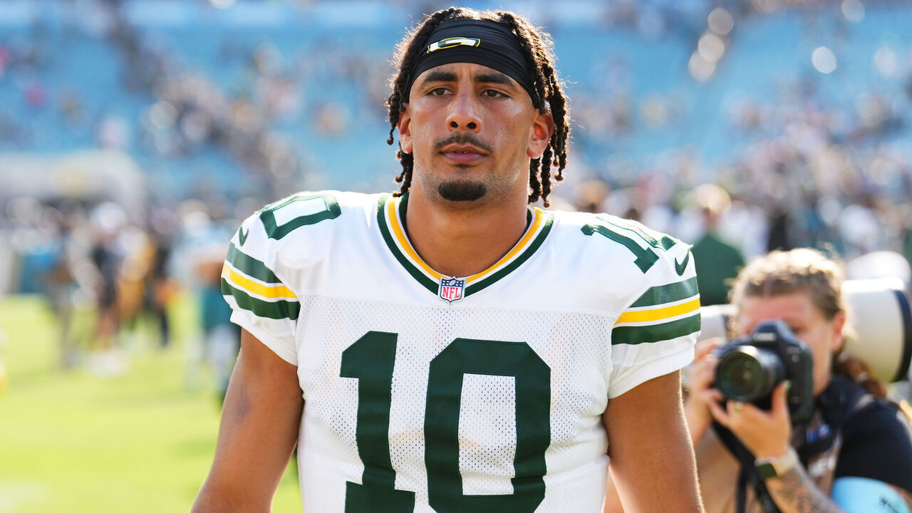 JACKSONVILLE, FLORIDA - OCTOBER 27: Jordan Love #10 of the Green Bay Packers walks off the field after their 30-27 win over the Jacksonville Jaguars at EverBank Stadium on October 27, 2024 in Jacksonville, Florida.
