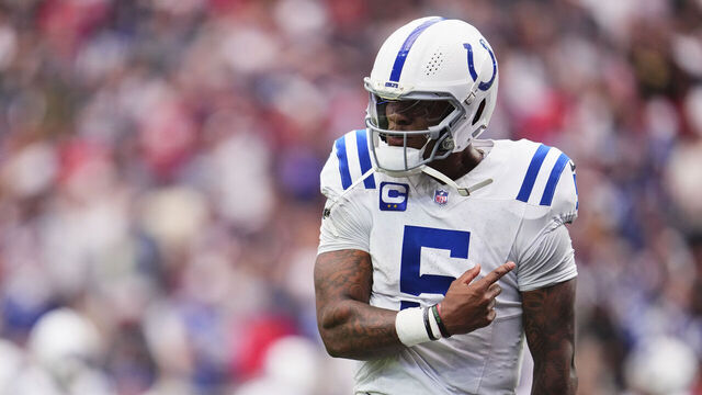 HOUSTON, TX - OCTOBER 27: Anthony Richardson #5 of the Indianapolis Colts celebrates after a play against the Houston Texans during the second half of an NFL football game at NRG Stadium on October 27, 2024 in Houston, Texas.