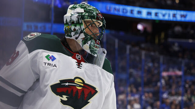 TAMPA, FL - OCTOBER 24: Goalie Marc-Andre Fleury #29 of the Minnesota Wild skates against the Tampa Bay Lightning during the second period at Amalie Arena on October 24, 2024 in Tampa, Florida.
