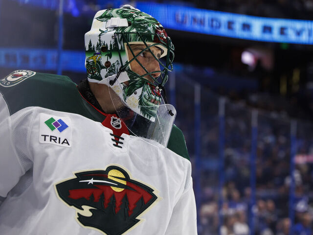 TAMPA, FL - OCTOBER 24: Goalie Marc-Andre Fleury #29 of the Minnesota Wild skates against the Tampa Bay Lightning during the second period at Amalie Arena on October 24, 2024 in Tampa, Florida.