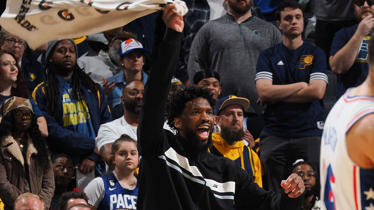 INDIANAPOLIS, IN - OCTOBER 27: Joel Embiid #21 of the Philadelphia 76ers celebrates during the game against the Indiana Pacers on October 27, 2024 at Gainbridge Fieldhouse in Indianapolis, Indiana. Mandatory Copyright Notice: Copyright 2024 NBAE