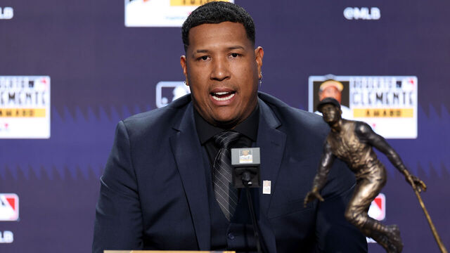 NEW YORK, NEW YORK - OCTOBER 28: Salvador Perez of the Kansas City Royals addresses the media after receiving the Roberto Clemente Award trophy prior to Game Three of the 2024 World Series between the Los Angeles Dodgers and New York Yankees at Yankee Stadium on October 28, 2024 in the Bronx borough New York City.