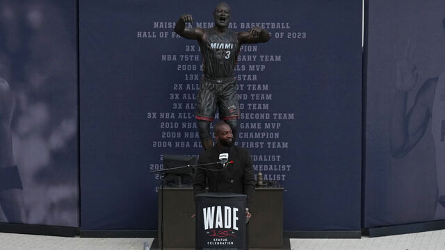 MIAMI, FL - OCTOBER 27: Dwyane Wade talks to the media during Dwyane Wade's statue unveiling on October 27, 2024 at Kaseya Center in Miami, Florida. Mandatory Copyright Notice: Copyright 2024 NBAE