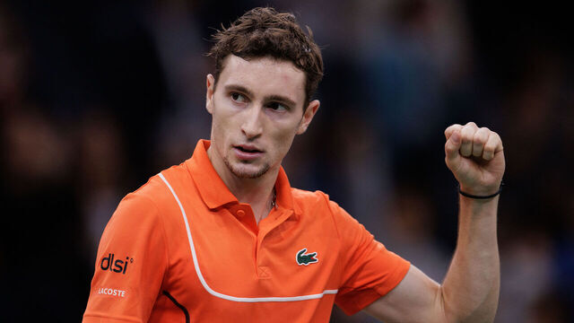 Paris, France - October 28: Ugo Humbert of France celebrates winning match point against Brandon Nakashima of USA during day one of the Rolex Paris Masters 2024 on October 28, 2024 in Paris, France.