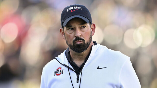 EUGENE, OREGON - OCTOBER 12: Head coach Ryan Day of the Ohio State Buckeyes looks on before the game against the Oregon Ducks at Autzen Stadium on October 12, 2024 in Eugene, Oregon.