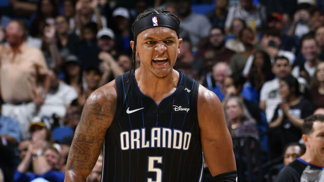 ORLANDO, FL - OCTOBER 28: Paolo Banchero #5 of the Orlando Magic celebrates during the game against the Indiana Pacers on October 28, 2024 at Kia Center in Orlando, Florida. Mandatory Copyright Notice: Copyright 2024 NBAE