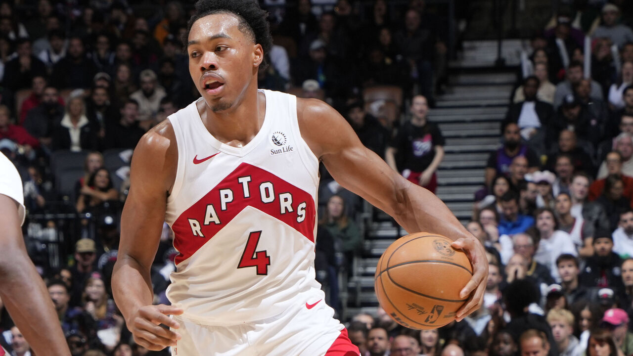TORONTO, CANADA - OCTOBER 28: Scottie Barnes #4 of the Toronto Raptors handles the ball during the game against the Denver Nuggets on October 28, 2024 at the Scotiabank Arena in Toronto, Ontario, Canada. Mandatory Copyright Notice: Copyright 2024 NBAE
