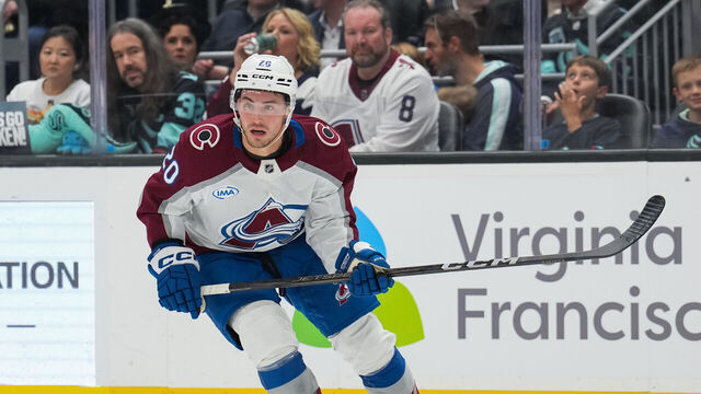 SEATTLE, WASHINGTON - OCTOBER 22: Ross Colton #20 of the Colorado Avalanche skates during the first period of a game \as at Climate Pledge Arena on October 22, 2024 in Seattle, Washington.
