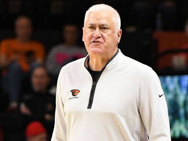 CORVALLIS, OR - FEBRUARY 10: Oregon State Beavers head coach Wayne Tinkle watches play from the sideline during a PAC-12 Conference college basketball game between the Oregon State Beavers and Washington Huskies on February 10, 2024 at Gill Coliseum in Corvallis, Oregon.