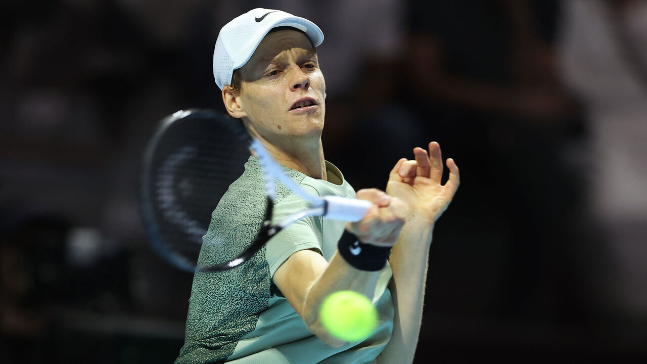 RIYADH, SAUDI ARABIA - OCTOBER 19: Jannik Sinner of Italy plays a forehand during his Men's Singles Final match against Carlos Alcaraz of Spain (not pictured) on day three of the Six Kings Slam 2024 at Kingdom Arena on October 19, 2024 in Riyadh, Saudi Arabia.