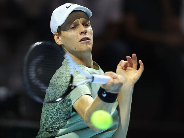 RIYADH, SAUDI ARABIA - OCTOBER 19: Jannik Sinner of Italy plays a forehand during his Men's Singles Final match against Carlos Alcaraz of Spain (not pictured) on day three of the Six Kings Slam 2024 at Kingdom Arena on October 19, 2024 in Riyadh, Saudi Arabia.