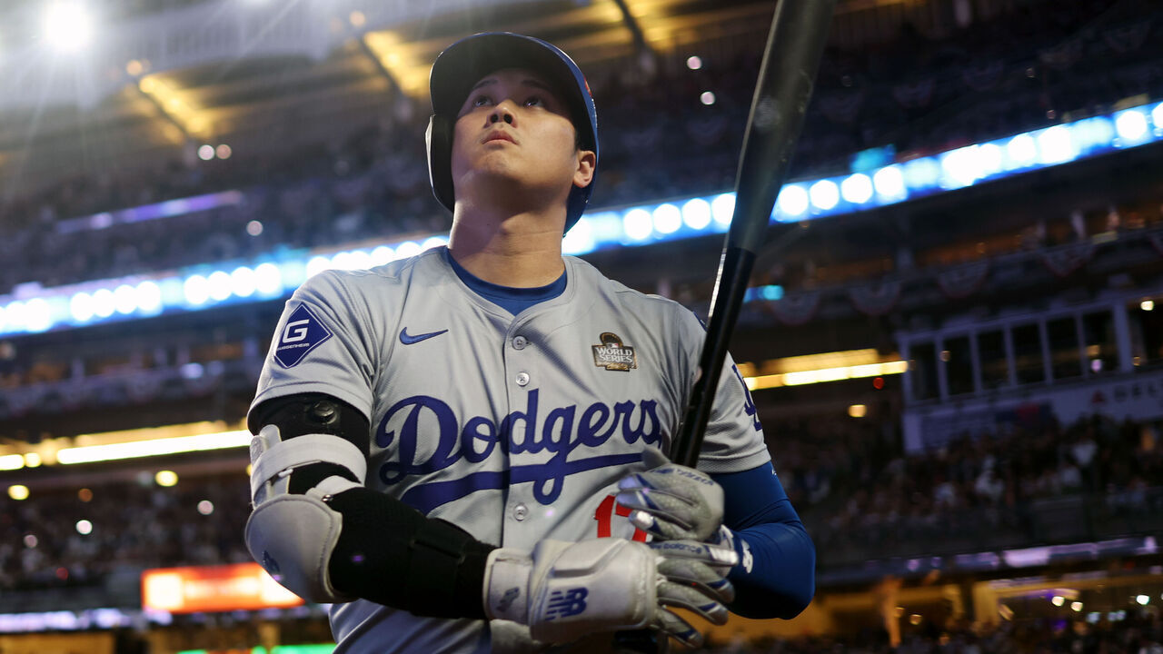 NEW YORK, NY - OCTOBER 28: Shohei Ohtani #17 of the Los Angeles Dodgers looks on from the on-deck circle prior to Game 3 of the 2024 World Series presented by Capital One between the Los Angeles Dodgers and the New York Yankees at Yankee Stadium on Monday, October 28, 2024 in New York, New York.