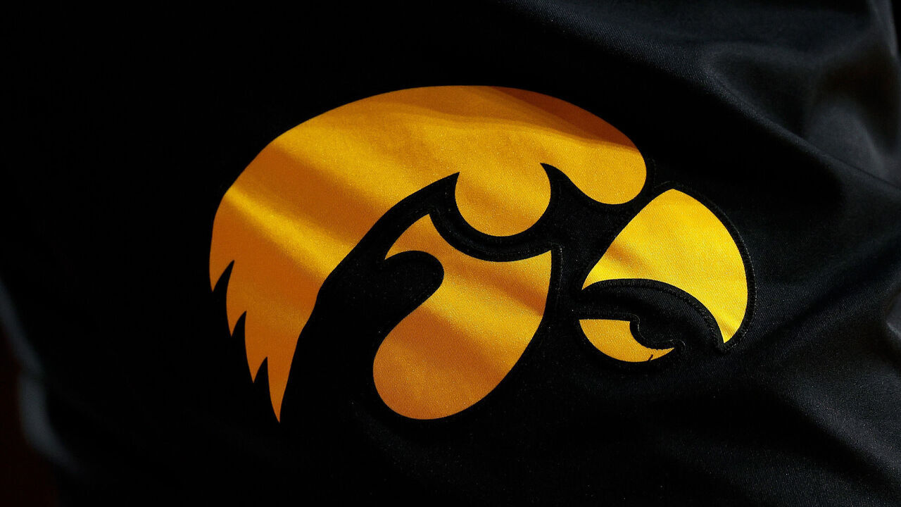 MINNEAPOLIS, MINNESOTA - JANUARY 15: A view of the Iowa Hawkeyes logo in the second half of the game against the Minnesota Golden Gophers at Williams Arena on January 15, 2024 in Minneapolis, Minnesota. The Hawkeyes defeated the Golden Gophers 86-77.
