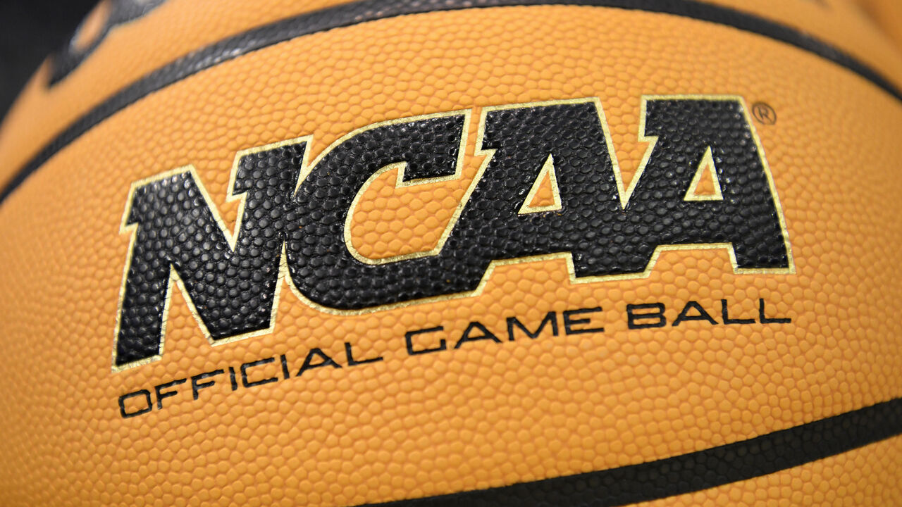 EVANSVILLE, IN - MARCH 30: A NCAA Official Game Ball logo is seen on a basketball before the NCAA Division II National Championship Basketball game between the Minnesota State Mavericks and the Nova Southeastern Sharks on March 30, 2024, at the Ford Center in Evansville, Indiana.