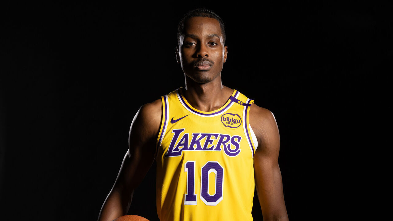 EL SEGUNDO, CA - SEPTEMBER 30: Christian Koloko #10 of the Los Angeles Lakers poses for a portrait during NBA Media Day on September 30, 2024 at UCLA Health Training Center in El Segundo, California. Mandatory Copyright Notice: Copyright 2024 NBAE