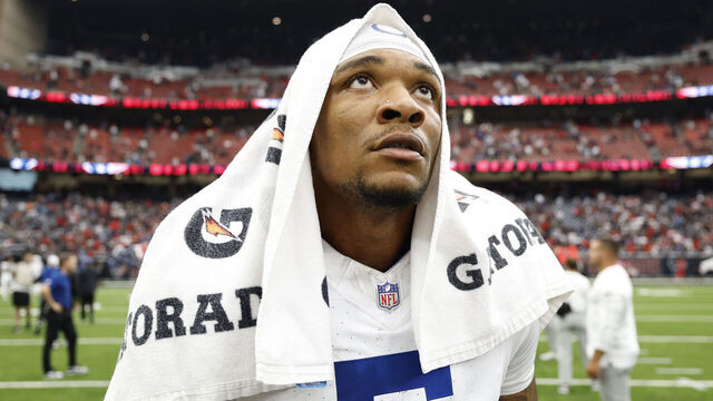 HOUSTON, TEXAS - OCTOBER 27: Anthony Richardson #5 of the Indianapolis Colts walks off the field after the game against the Houston Texans at NRG Stadium on October 27, 2024 in Houston, Texas.