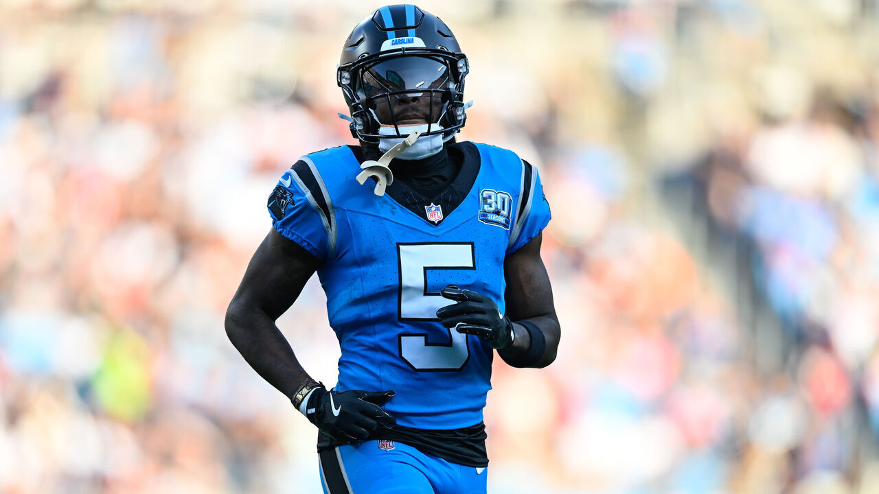 CHARLOTTE, NORTH CAROLINA - OCTOBER 13: Diontae Johnson #5 of the Carolina Panthers looks on during the second quarter of their game against the Atlanta Falcons at Bank of America Stadium on October 13, 2024 in Charlotte, North Carolina.
