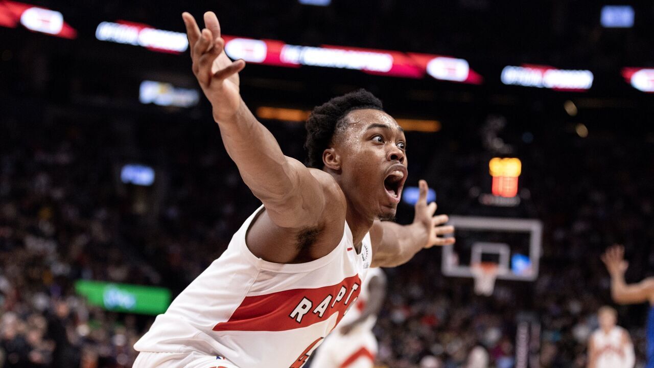 Toronto, . ON - In first quarter action Scottie Barnes (4) of the Toronto Raptors reacts to a call from a ref against him. PD Nick Lachance/Toronto Star Nick Lachance/Toronto Star (Nick Lachance/Toronto Star via Getty Images)