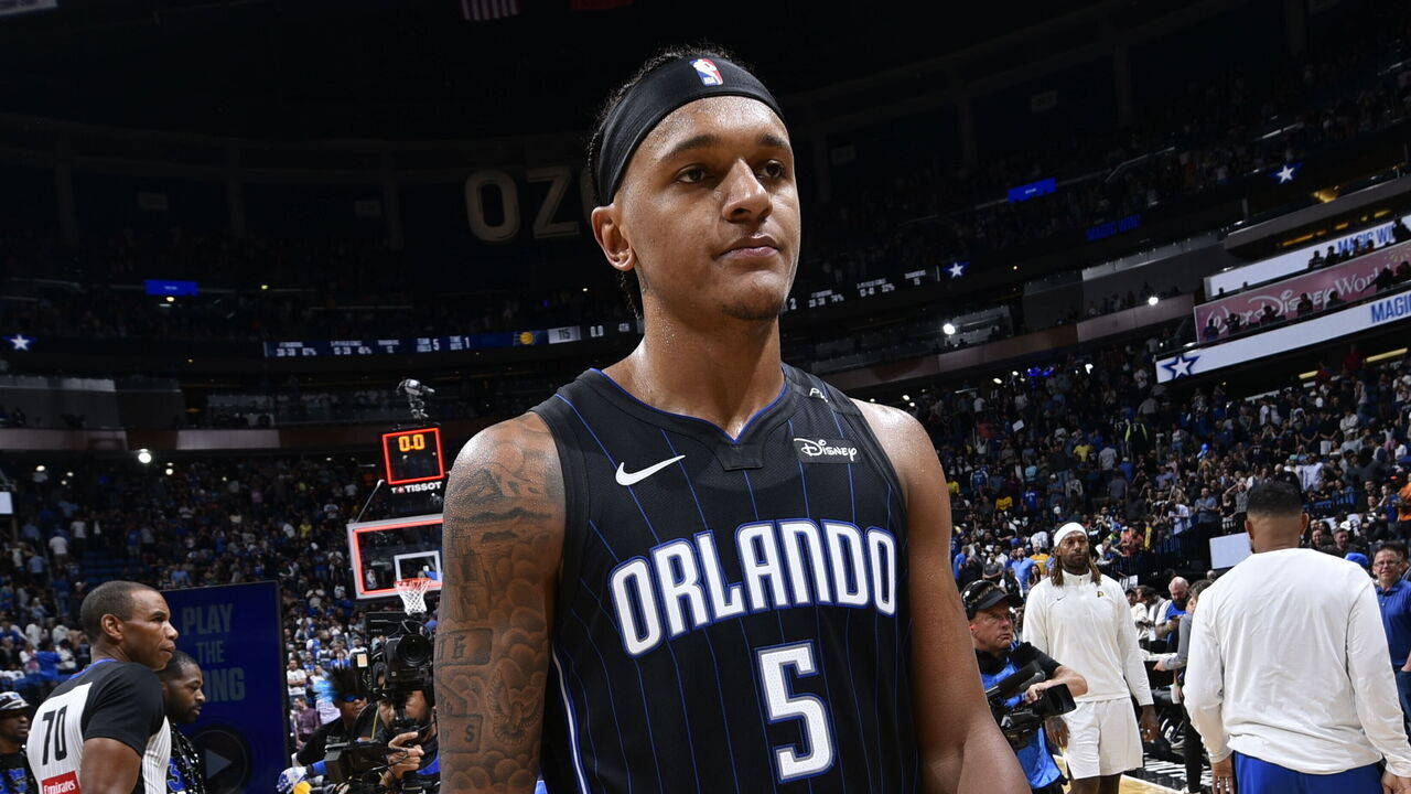 ORLANDO, FL - OCTOBER 28: Paolo Banchero #5 of the Orlando Magic looks on after the game against the Indiana Pacers on October 28, 2024 at Kia Center in Orlando, Florida. Mandatory Copyright Notice: Copyright 2024 NBAE