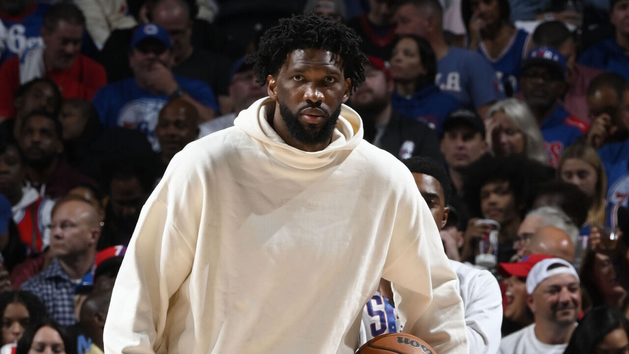 PHILADELPHIA, PA - OCTOBER 23: Joel Embiid #21 of the Philadelphia 76ers looks on during the game against the Milwaukee Bucks on October 23, 2024 at the Wells Fargo Center in Philadelphia, Pennsylvania NOTE TO USER: User expressly acknowledges and agrees that, by downloading and/or using this Photograph, user is consenting to the terms and conditions of the Getty Images License Agreement. Mandatory Copyright Notice: Copyright 2024 NBAE