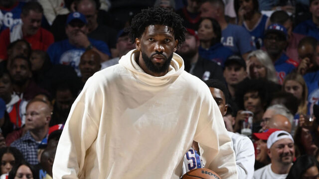 PHILADELPHIA, PA - OCTOBER 23: Joel Embiid #21 of the Philadelphia 76ers looks on during the game against the Milwaukee Bucks on October 23, 2024 at the Wells Fargo Center in Philadelphia, Pennsylvania NOTE TO USER: User expressly acknowledges and agrees that, by downloading and/or using this Photograph, user is consenting to the terms and conditions of the Getty Images License Agreement. Mandatory Copyright Notice: Copyright 2024 NBAE