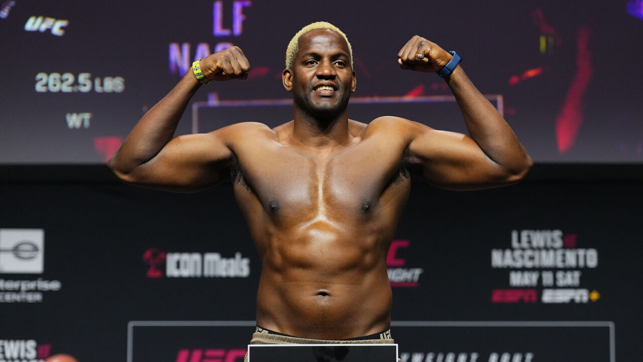 ST LOUIS, MISSOURI - MAY 10: Robelis Despaigne of Cuba poses on the scale during the UFC Fight Night ceremonial weigh-in at Enterprise Center on May 10, 2024 in St Louis, Missouri.