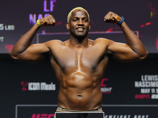 ST LOUIS, MISSOURI - MAY 10: Robelis Despaigne of Cuba poses on the scale during the UFC Fight Night ceremonial weigh-in at Enterprise Center on May 10, 2024 in St Louis, Missouri.