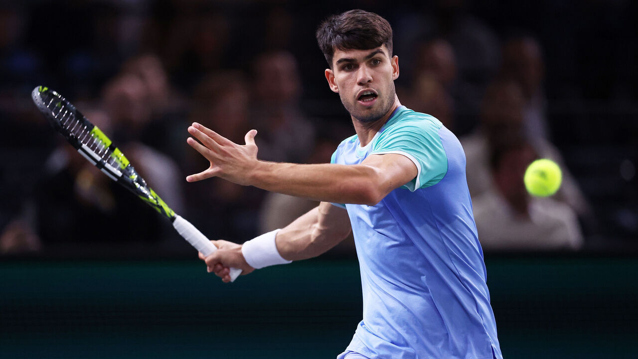 PARIS, FRANCE - OCTOBER 29: Carlos Alcaraz of Spain plays a forehand against Nicolas Jarry of Chile in their Men's Singles Round of 32 match during day two of the Rolex Paris Masters 2024 on October 29, 2024 in Paris, France.