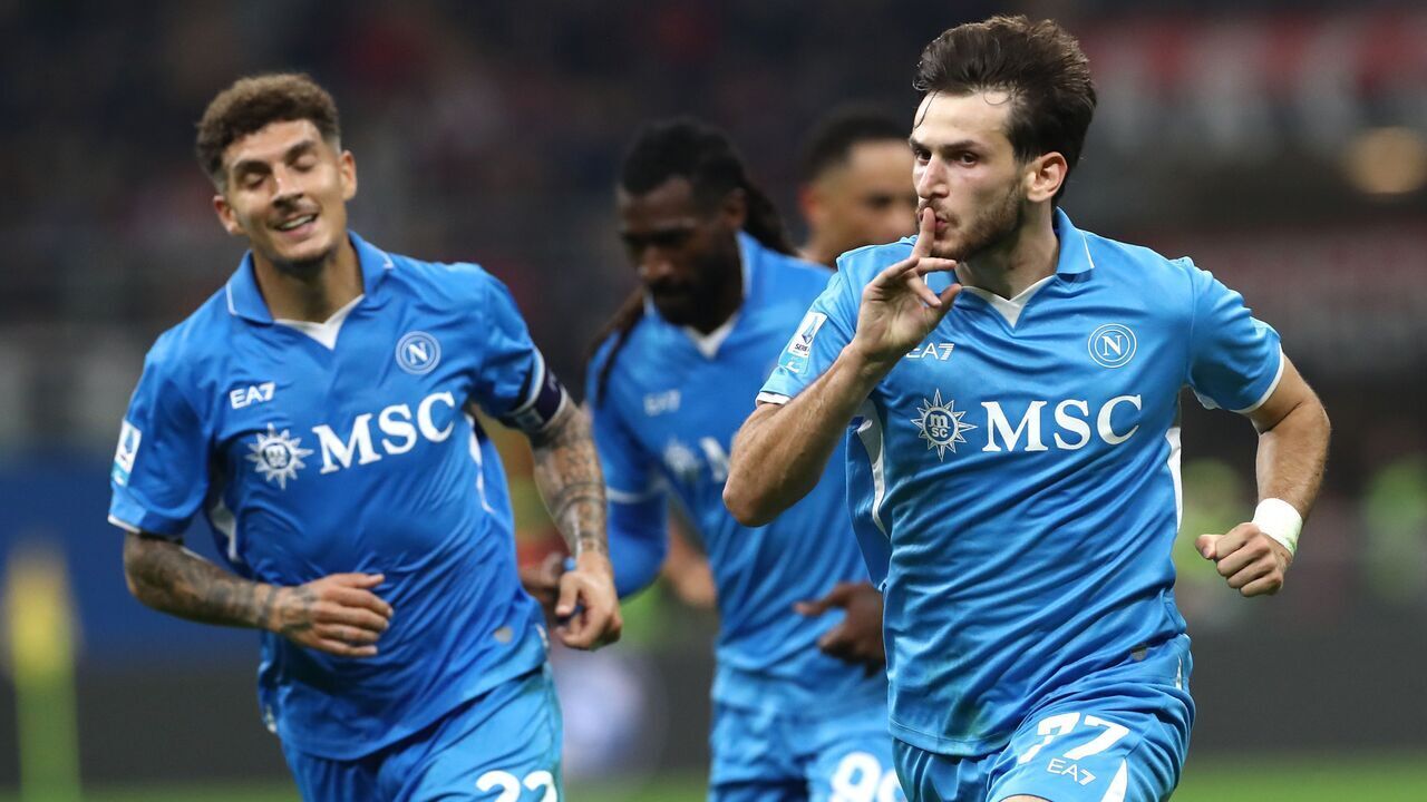 MILAN, ITALY - OCTOBER 29: Khvicha Kvaratskhelia of SSC Napoli celebrates after scoring his teams second goal during the Serie A match between AC Milan and SSC Napoli at Stadio Giuseppe Meazza on October 29, 2024 in Milan, Italy.