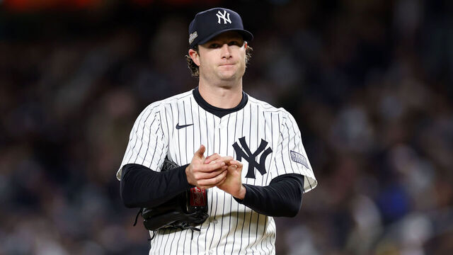 NEW YORK, NEW YORK - OCTOBER 15: Gerrit Cole #45 of the New York Yankees reacts in the third inning against the Cleveland Guardians during Game Two of the American League Championship Series at Yankee Stadium on October 15, 2024 in New York City.