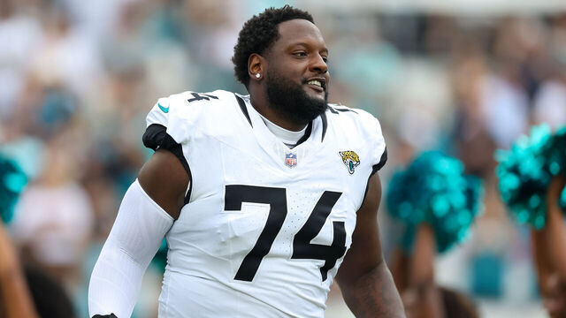JACKSONVILLE, FLORIDA - SEPTEMBER 15: Cam Robinson #74 of the Jacksonville Jaguars takes the field prior to a game against the Cleveland Browns at EverBank Field on September 15, 2024 in Jacksonville, Florida.