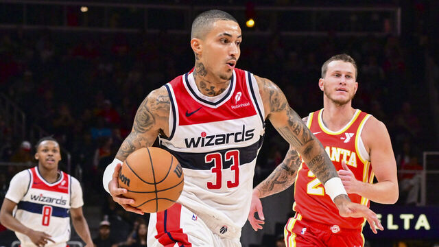 ATLANTA, GA - OCTOBER 28: Kyle Kuzma #33 of the Washington Wizards dribbles the ball during the game on October 28, 2024 at State Farm Arena in Atlanta, Georgia. NOTE TO USER: User expressly acknowledges and agrees that, by downloading and/or using this Photograph, user is consenting to the terms and conditions of the Getty Images License Agreement. Mandatory Copyright Notice: Copyright 2024 NBAE
