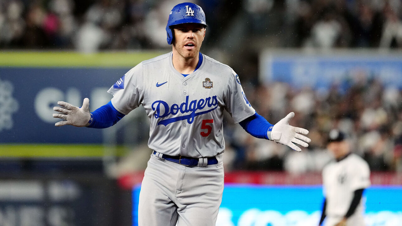 NEW YORK, NY - OCTOBER 29: Freddie Freeman #5 of the Los Angeles Dodgers rounds the bases after hitting a two-run home run in the first inning during Game 4 of the 2024 World Series presented by Capital One between the Los Angeles Dodgers and the New York Yankees at Yankee Stadium on Tuesday, October 29, 2024 in New York, New York.