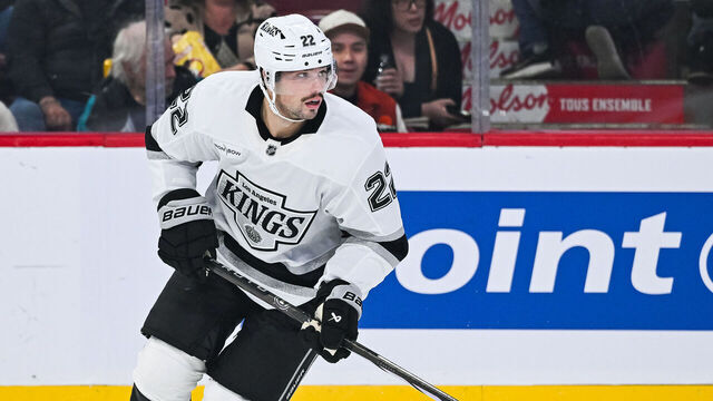 MONTREAL, QC - OCTOBER 17: Los Angeles Kings left wing Kevin Fiala (22) plays the puck during the Los Angeles Kings versus the Montreal Canadiens game on October 17, 2024, at Bell Centre in Montreal, QC