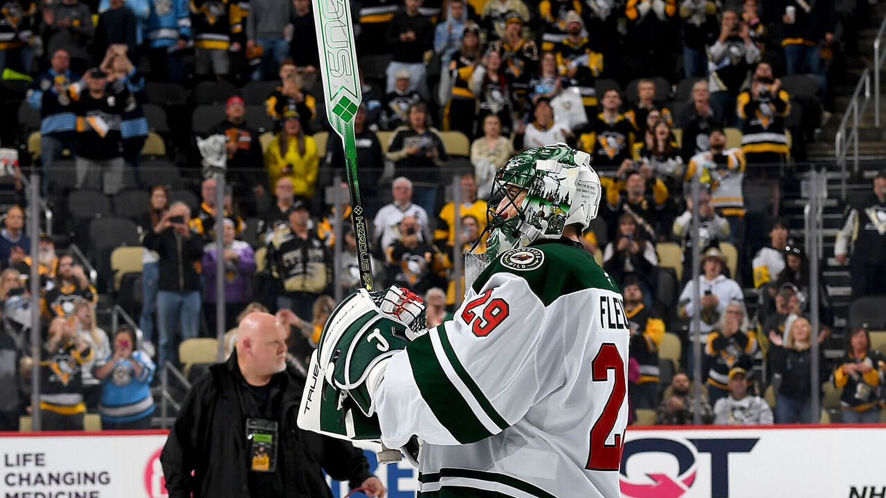 PITTSBURGH, PA - OCTOBER 29: Marc-Andre Fleury #29 of the Minnesota Wild acknowledges the fans after the game against the Pittsburgh Penguins at PPG PAINTS Arena on October 29, 2024 in Pittsburgh, Pennsylvania.