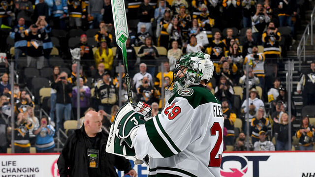 PITTSBURGH, PA - OCTOBER 29: Marc-Andre Fleury #29 of the Minnesota Wild acknowledges the fans after the game against the Pittsburgh Penguins at PPG PAINTS Arena on October 29, 2024 in Pittsburgh, Pennsylvania.