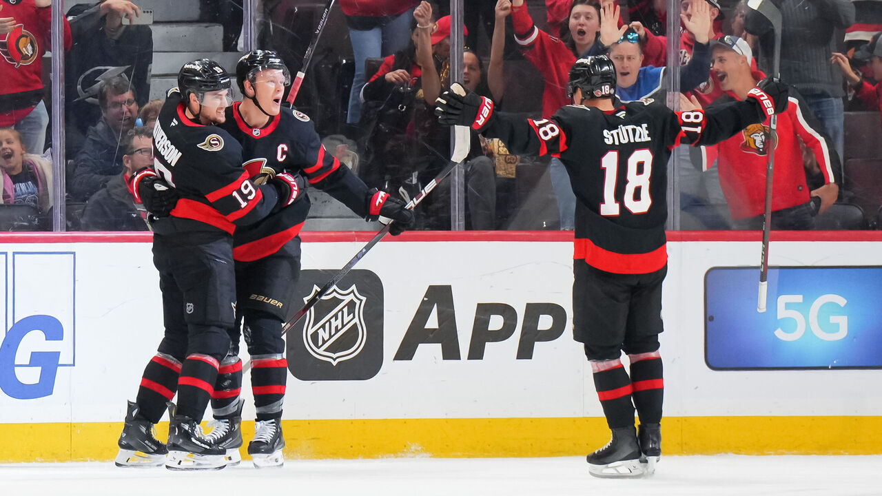 OTTAWA, CANADA - OCTOBER 19: Brady Tkachuk #7 of the Ottawa Senators celebrates his second period goal against the Tampa Bay Lightning with Drake Batherson #19 and Tim Stützle #18 at Canadian Tire Centre on October 19, 2024 in Ottawa, Ontario, Canada.