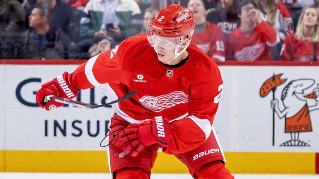 DETROIT, MICHIGAN - OCTOBER 24: Olli Maatta #2 of the Detroit Red Wings skates up ice against the New Jersey Devils during the second period at Little Caesars Arena on October 24, 2024 in Detroit, Michigan. Detroit defeated New Jersey 5-3.