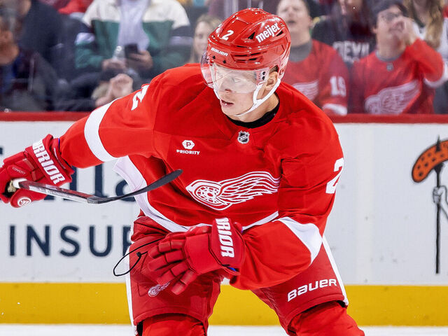 DETROIT, MICHIGAN - OCTOBER 24: Olli Maatta #2 of the Detroit Red Wings skates up ice against the New Jersey Devils during the second period at Little Caesars Arena on October 24, 2024 in Detroit, Michigan. Detroit defeated New Jersey 5-3.