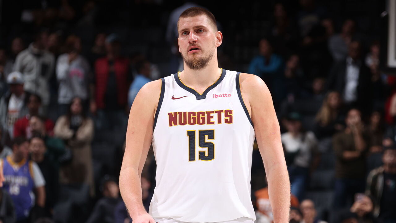 BROOKLYN, NY - OCTOBER 29: Nikola Jokic #15 of the Denver Nuggets looks on during the game against the Brooklyn Nets on October 29, 2024 at Barclays Center in Brooklyn, New York. Mandatory Copyright Notice: Copyright 2024 NBAE