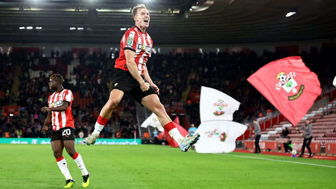 SOUTHAMPTON, ENGLAND - OCTOBER 29: James Bree of Southampton celebrates after scoring the team's third goal during the Carabao Cup Fourth Round match between Southampton and Stoke City at St Mary's Stadium on October 29, 2024 in Southampton, England.