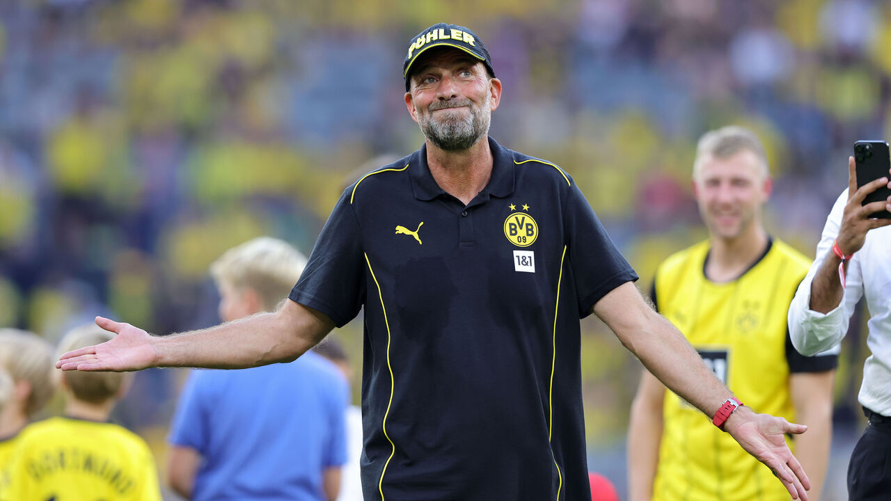 DORTMUND, GERMANY - SEPTEMBER 7: Former Head coach Jürgen Klopp of Borussia Dortmund gestures in front of the fans after the Farewell Match For Lukasz Piszczek and Jakub Blaszczykowski at Signal Iduna Park on September 7, 2024 in Dortmund, Germany.